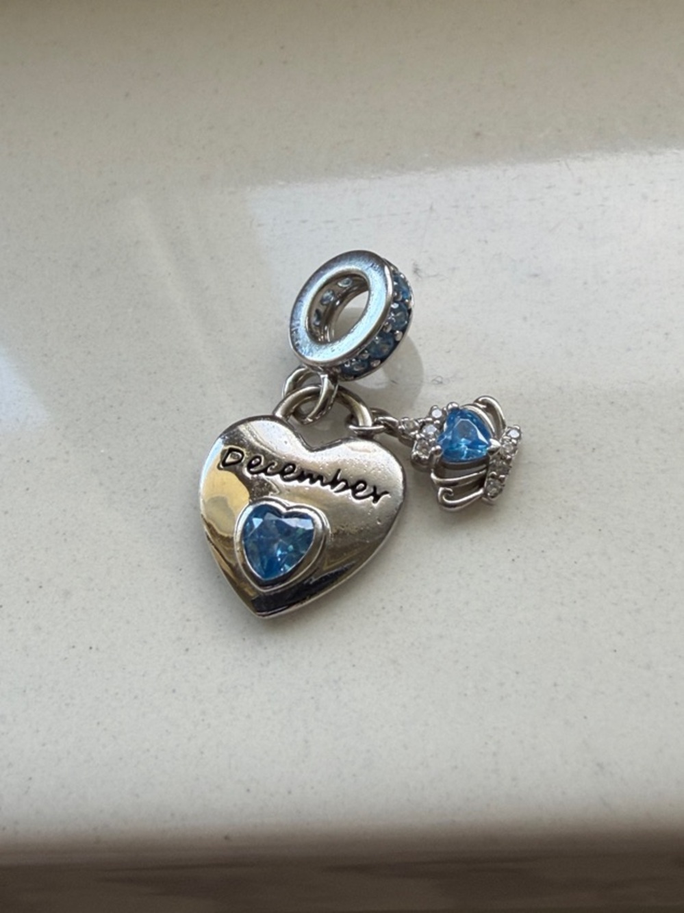 Pandora Silver Heart Charm Pendant with Light Blue Stones